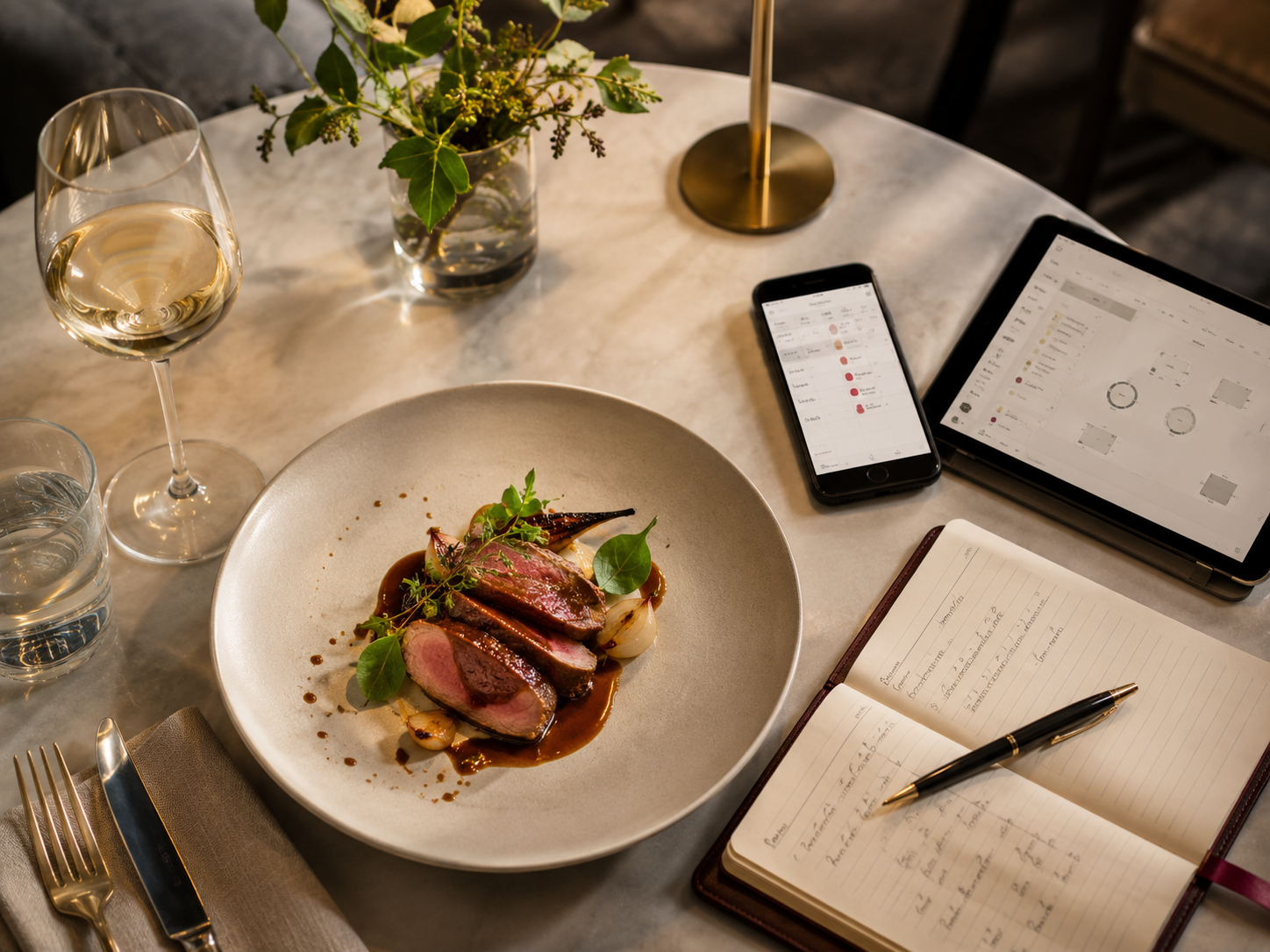 Elegant restaurant table with dish, tablet and notebook