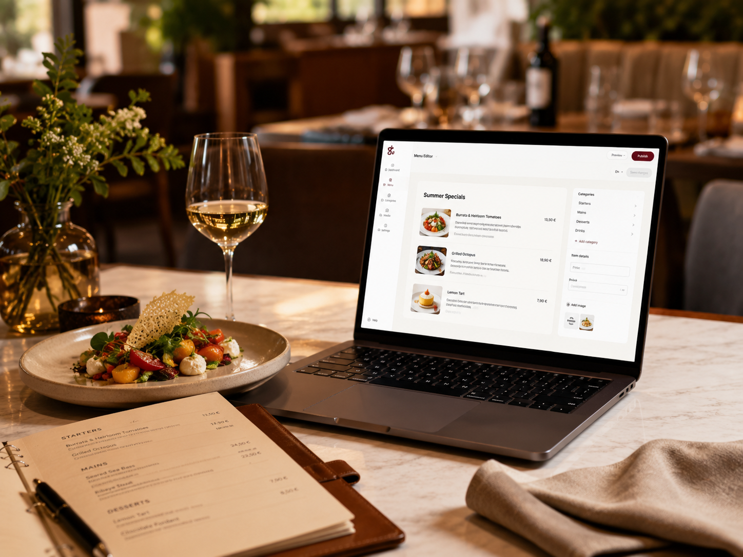 Menu editor on a laptop in a restaurant