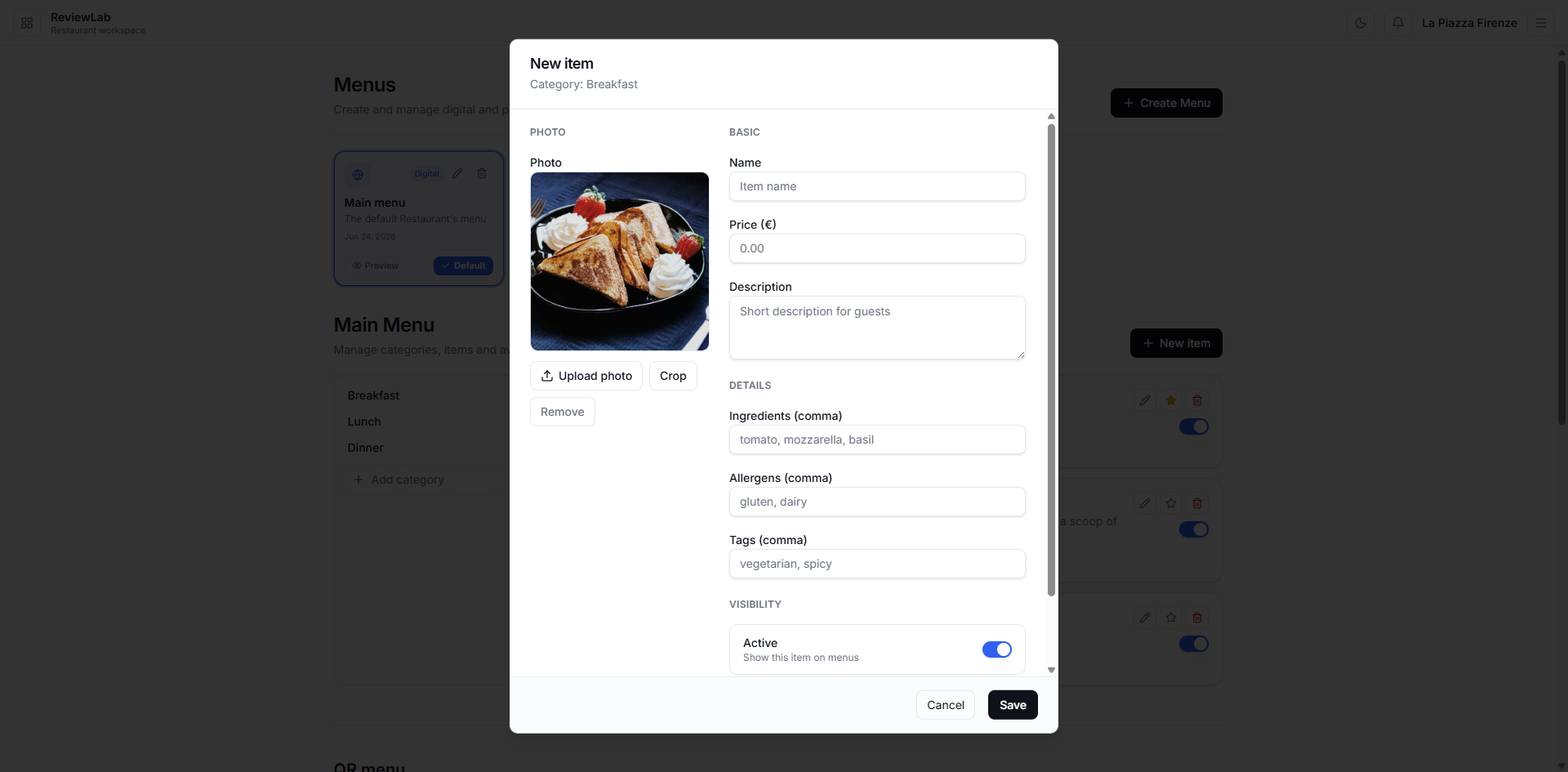 Add items with photos, prices & allergens