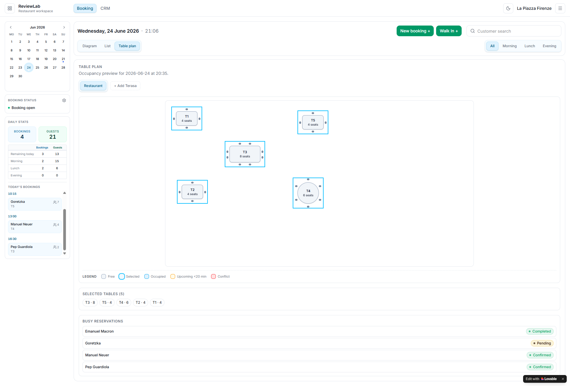 Use the visual table plan during service