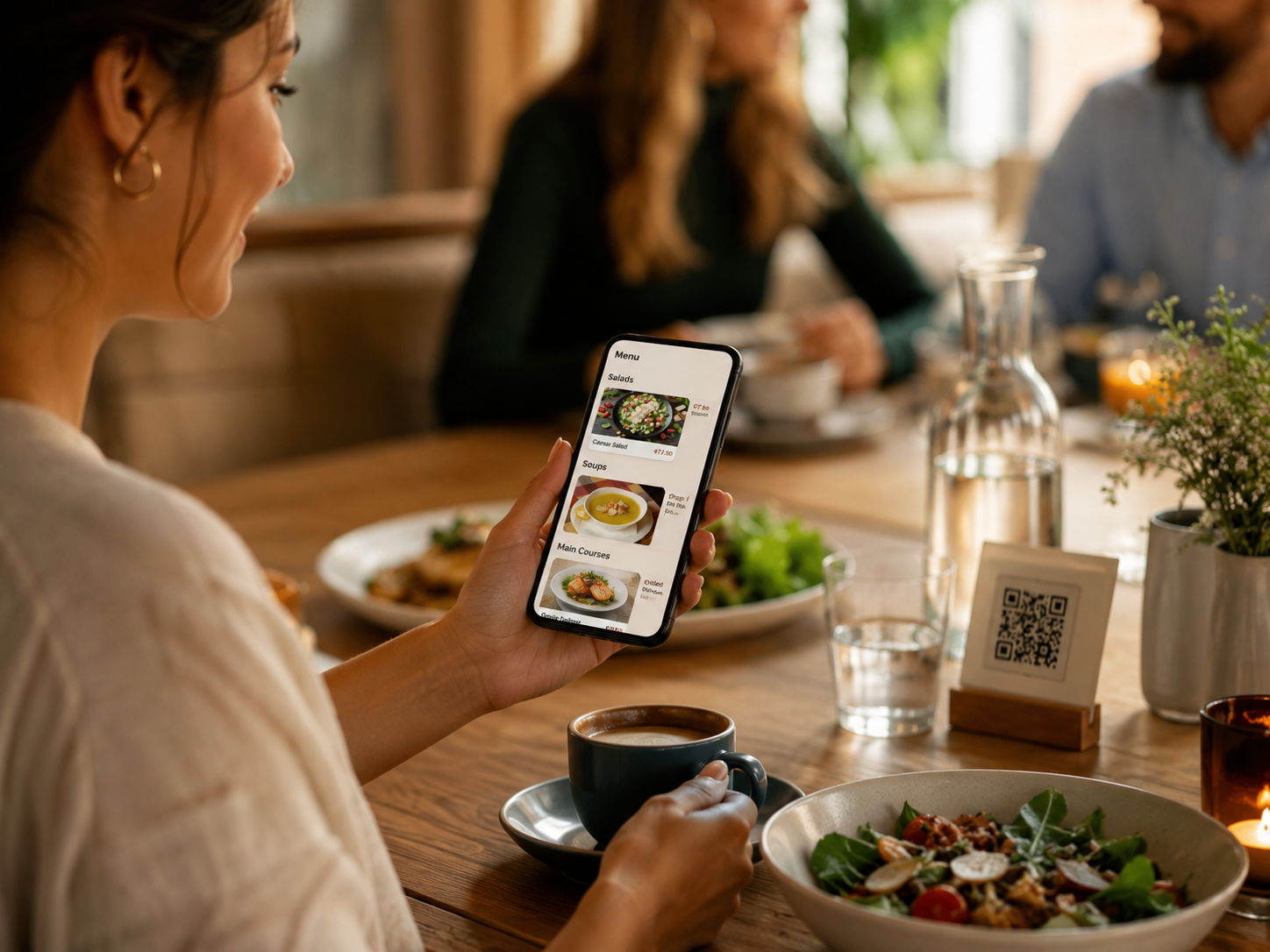 Customer viewing a digital menu on a phone beside a QR code