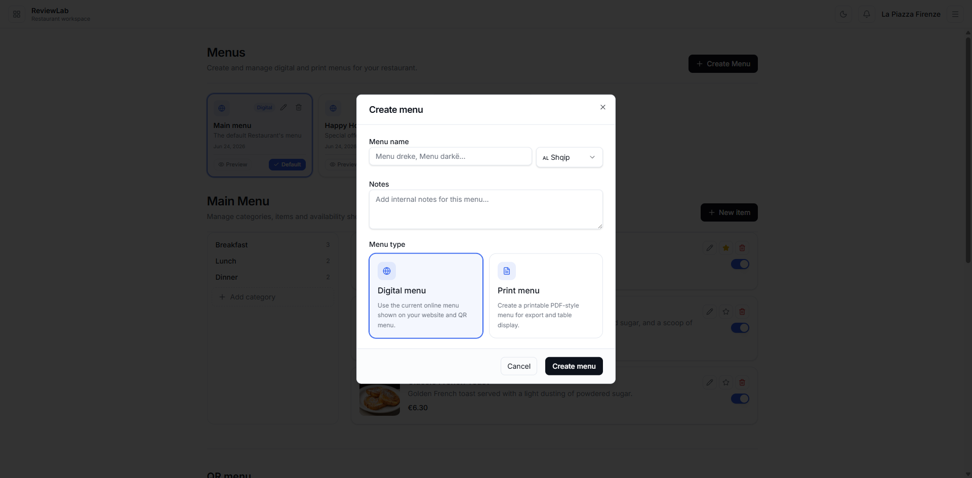 Create a new menu