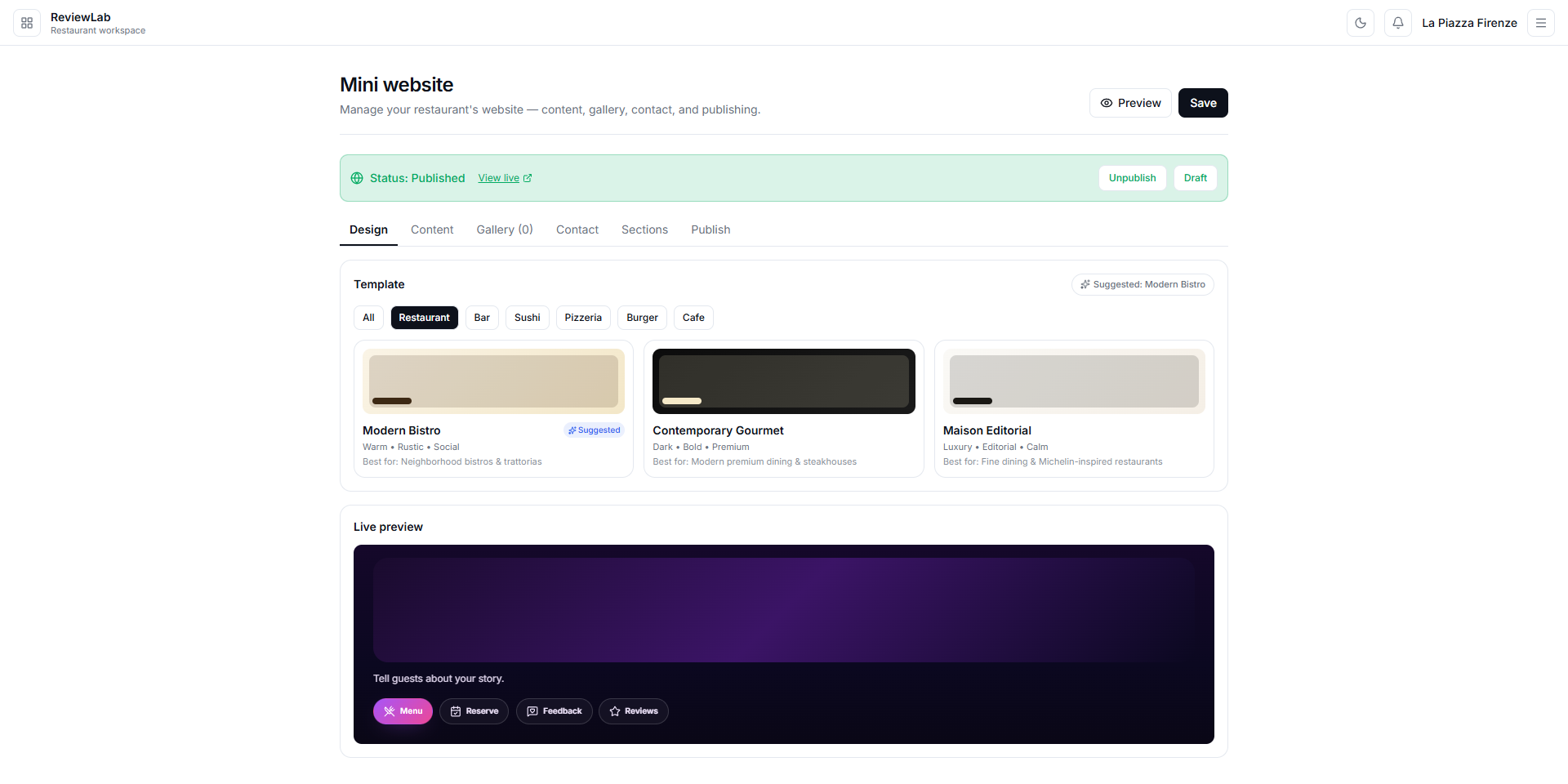 Launch a restaurant website