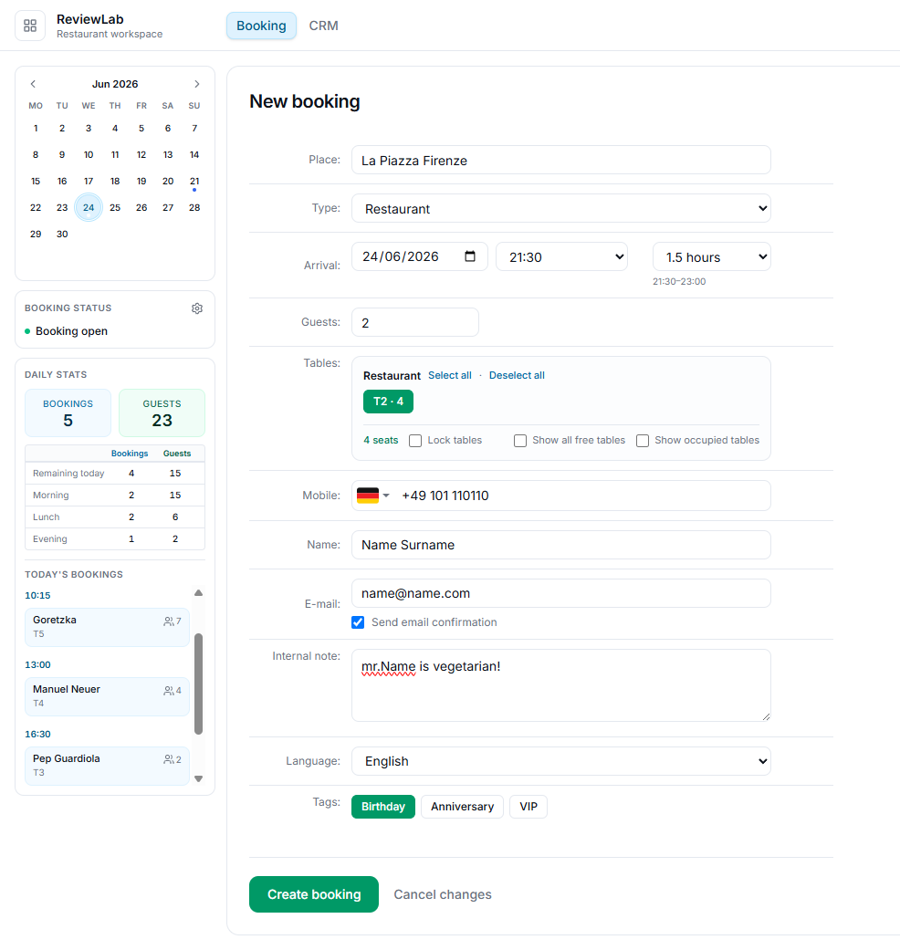 New booking form