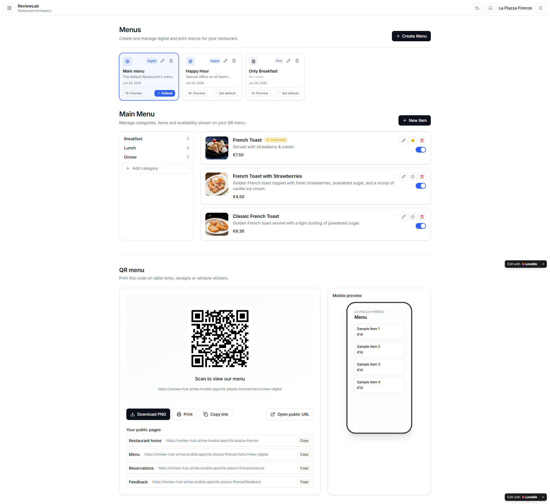 See all your menus in one place