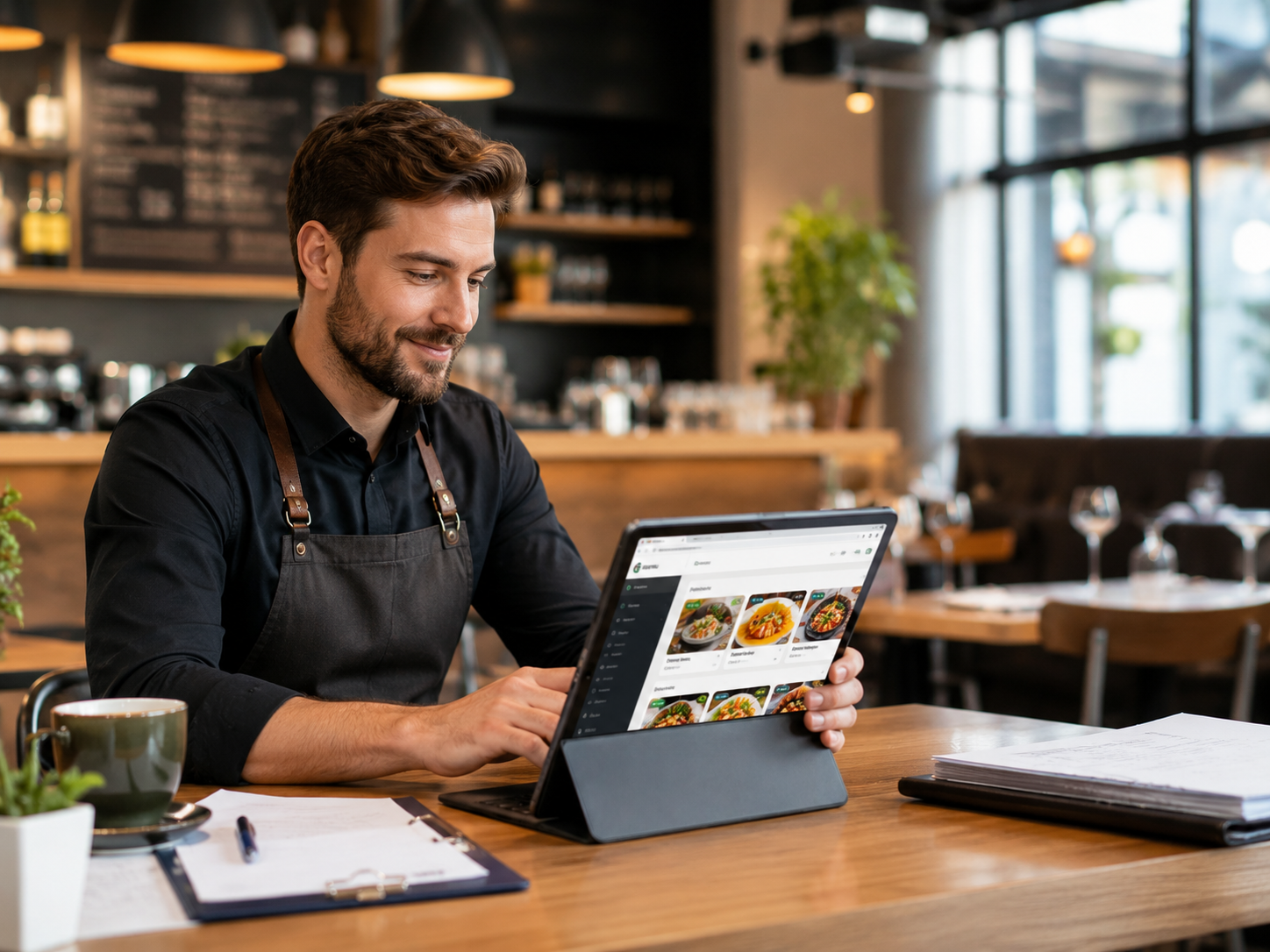Restaurant owner managing the menu on a tablet