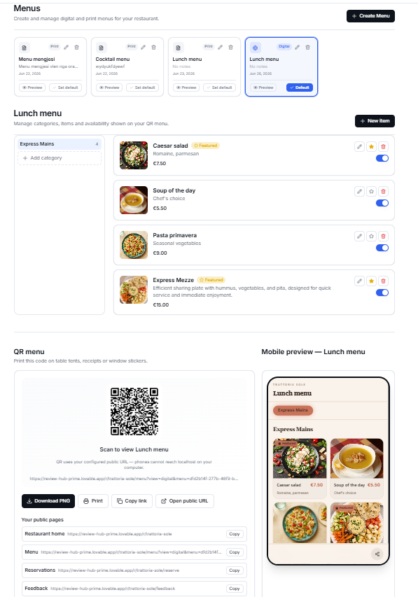 Menus management