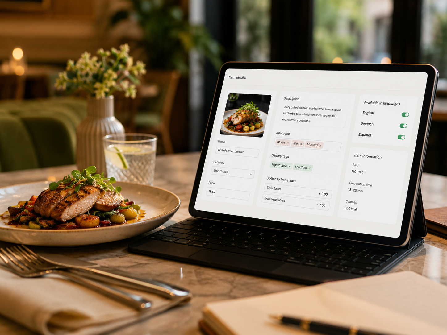 Tablet showing menu item details and update controls